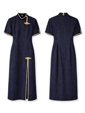 Navy Blue Dress with Gold Trim - Elegant Short Sleeve Cheongsam Style
